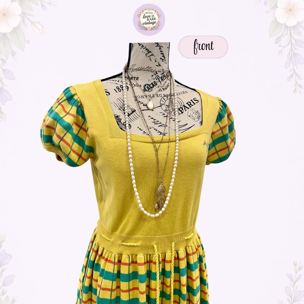Y2K Betsey Johnson Yellow Plaid Knit Dress • Mod Puff Sleeve Midi • 100% Cotton - Picture 2 of 9